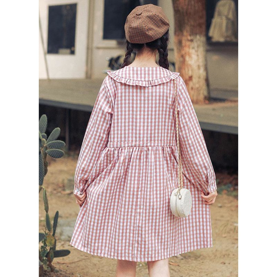 Artistic Sweet Plaid Frill Collar Buttoned Drawstring Shirt Dress J40082