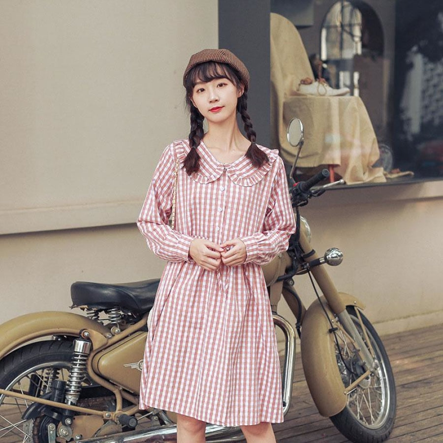 Artistic Sweet Plaid Frill Collar Buttoned Drawstring Shirt Dress J40082 Red / M