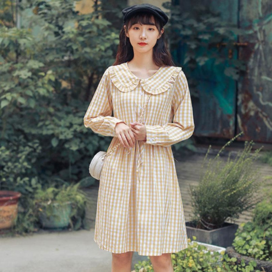 Artistic Sweet Plaid Frill Collar Buttoned Drawstring Shirt Dress J40082 Yellow / M