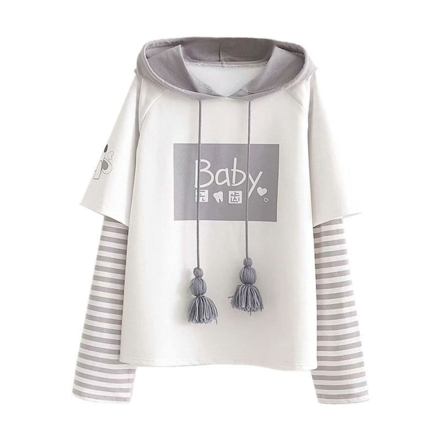 Baby Letter Cartoon Print Stripe Tassels Drawstring False Two-Piece Hoodie J30035 Sweatshirt