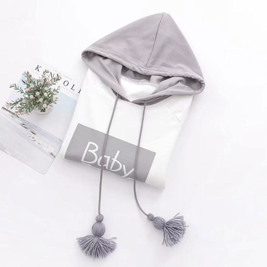 Baby Letter Cartoon Print Stripe Tassels Drawstring False Two-Piece Hoodie J30035 Sweatshirt