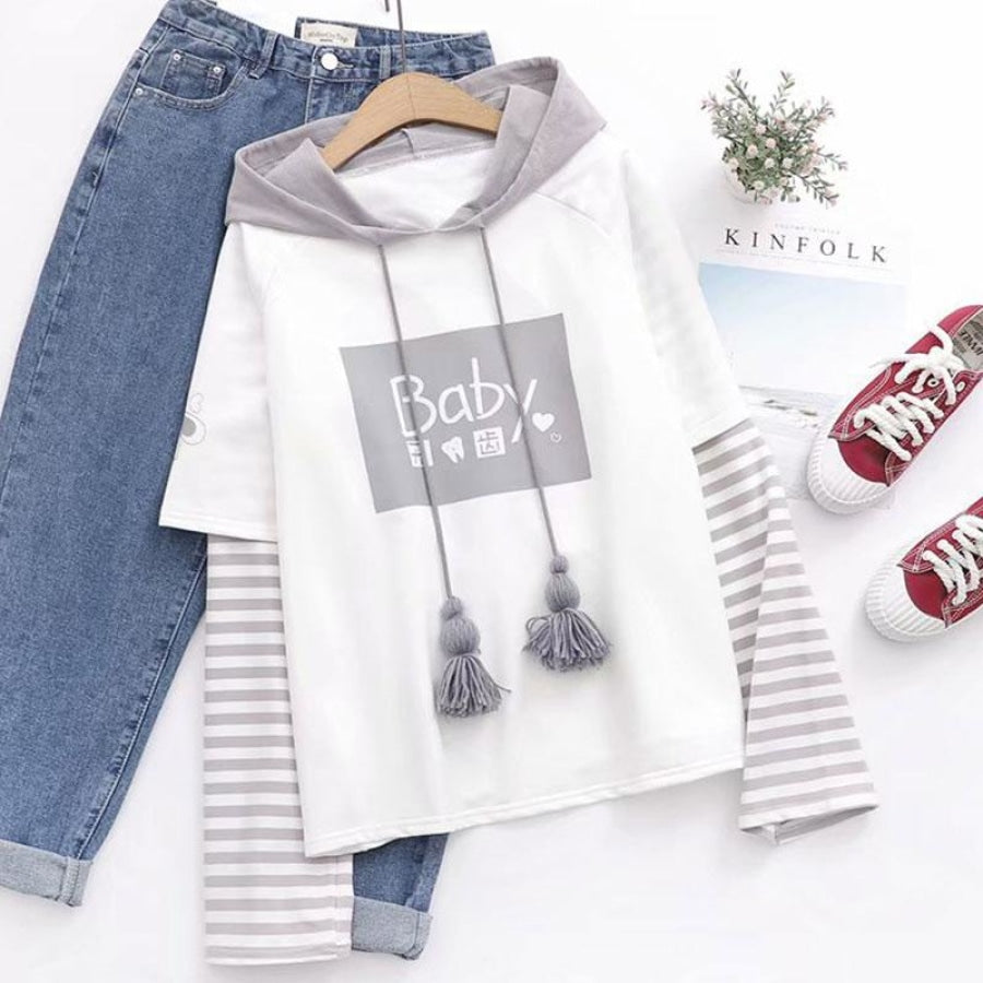 Baby Letter Cartoon Print Stripe Tassels Drawstring False Two-Piece Hoodie J30035 Sweatshirt