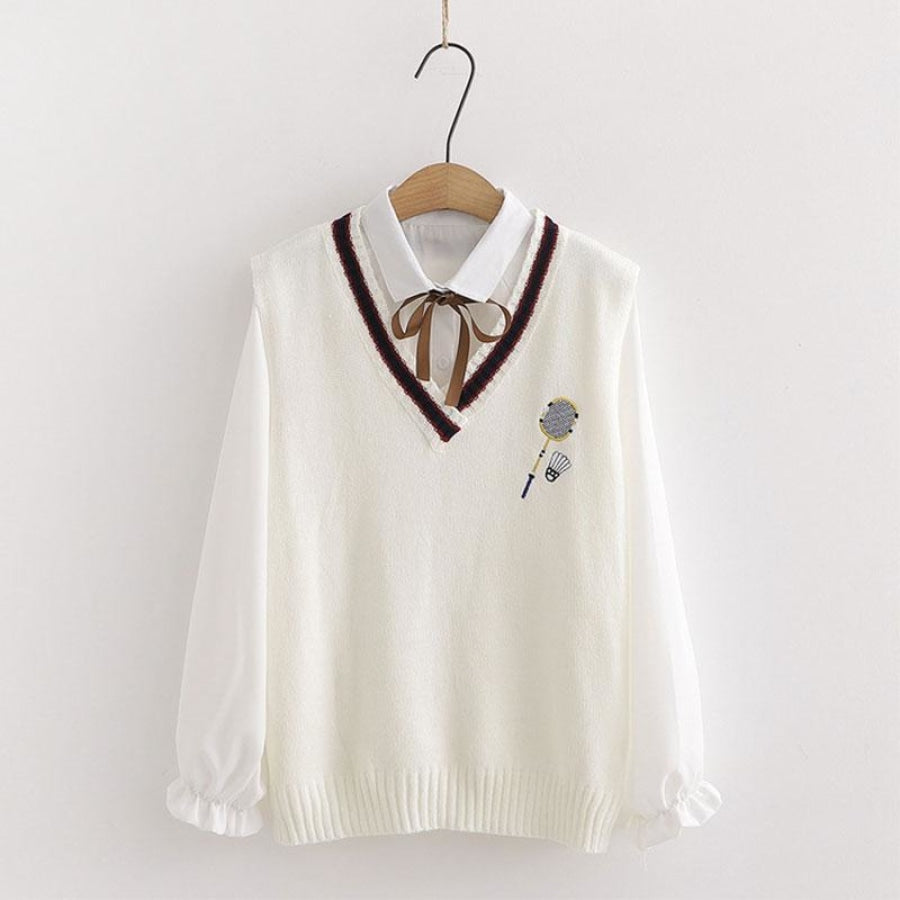 Badminton Embroidery Knit Vest Thin Tie White Shirt J10000 / One Size Sweatshirt