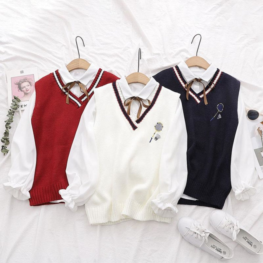 Badminton Embroidery Knit Vest Thin Tie White Shirt J10000 Sweatshirt