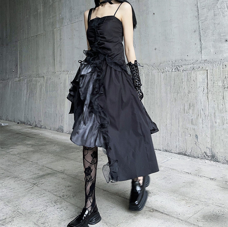 Gothic Irregular Black Sling Dress S22408