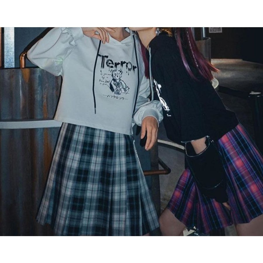 Bear Print Zipper Hollow Out Sleeves Crop Top Hoodie J30030 Sweatshirt