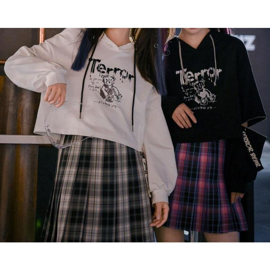 Bear Print Zipper Hollow Out Sleeves Crop Top Hoodie J30030 Sweatshirt