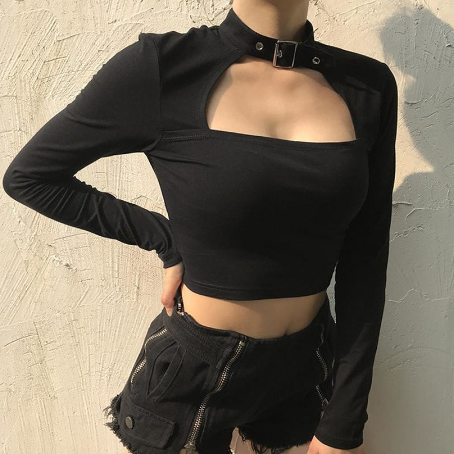 Black Crop Top Metal Buckle Hollow Short T-Shirt