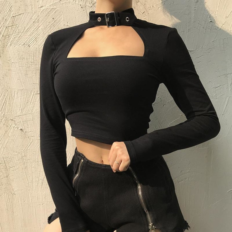 Black Crop Top Metal Buckle Hollow Short T-Shirt