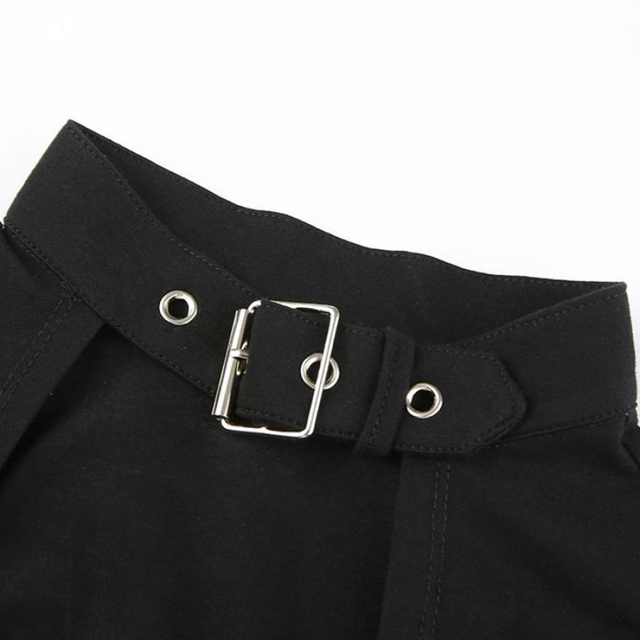 Black Crop Top Metal Buckle Hollow Short T-Shirt