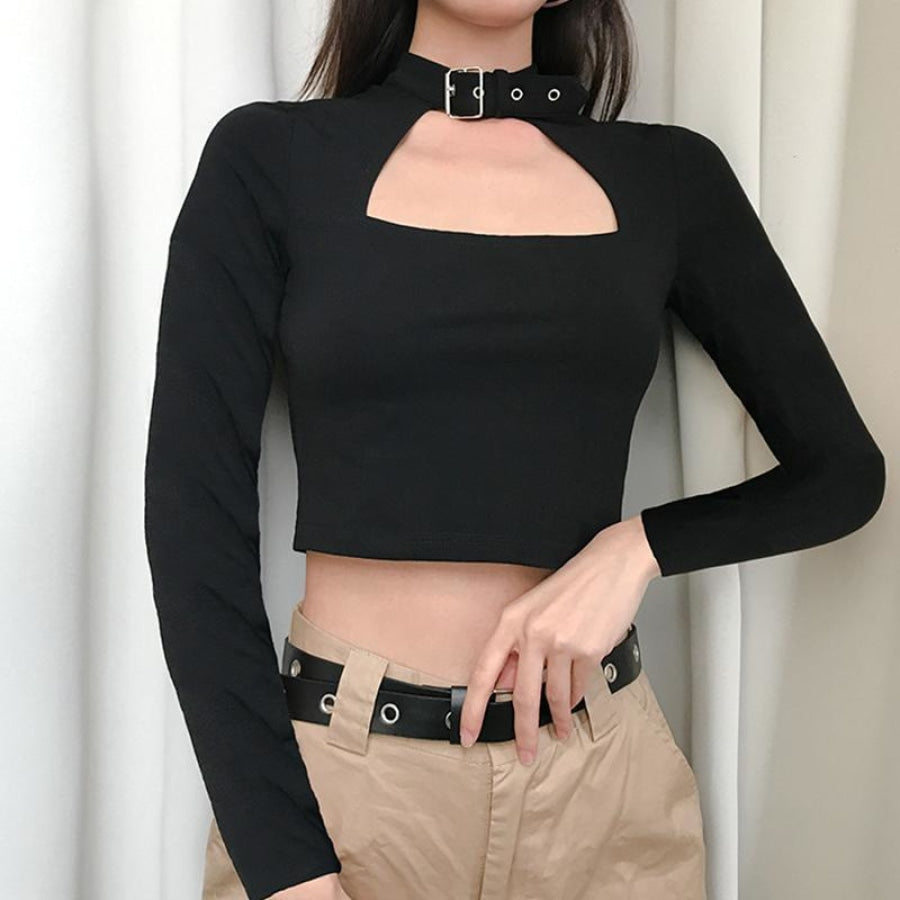 Black Crop Top Metal Buckle Hollow Short T-Shirt