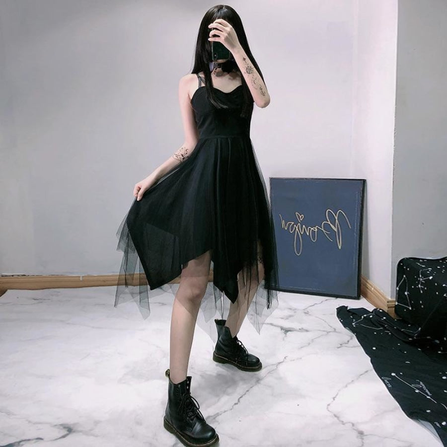 Black Tulle High Waist Sleeveless Slip Dress J20006 - cosfun
