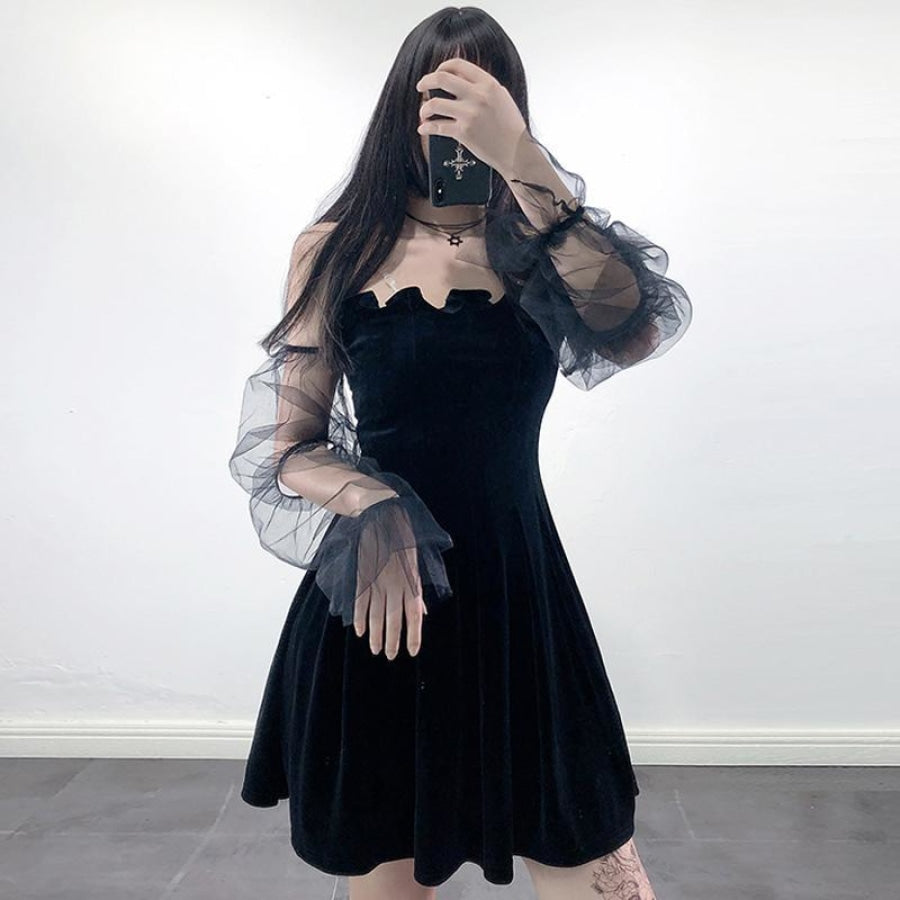 Black Velvet Sexy Tulle See Through High Waist Pleated Dress