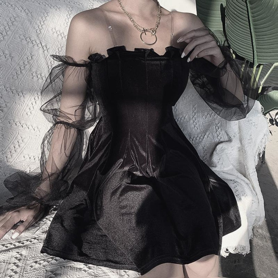 Black Velvet Sexy Tulle See Through High Waist Pleated Dress