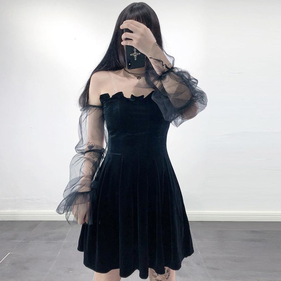 Black Velvet Sexy Tulle See Through High Waist Pleated Dress