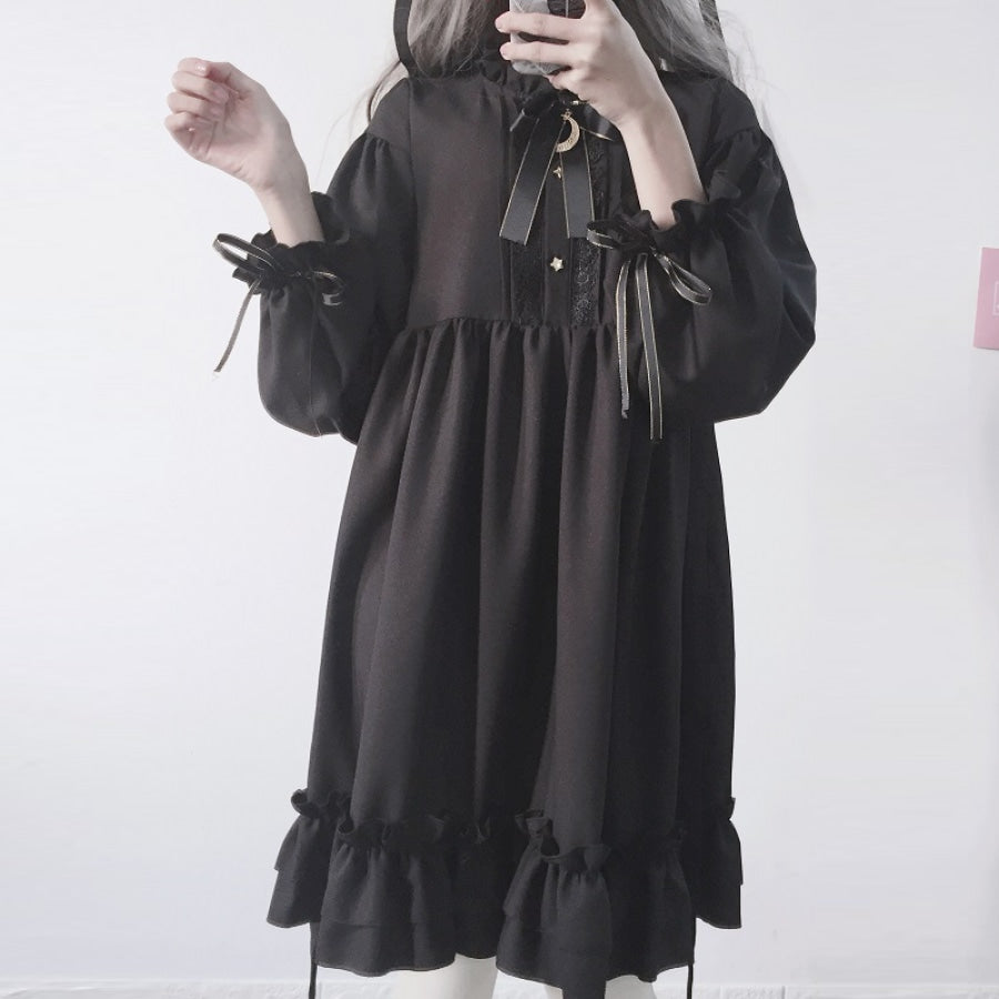 Bow-Knot Black Flounced Dress