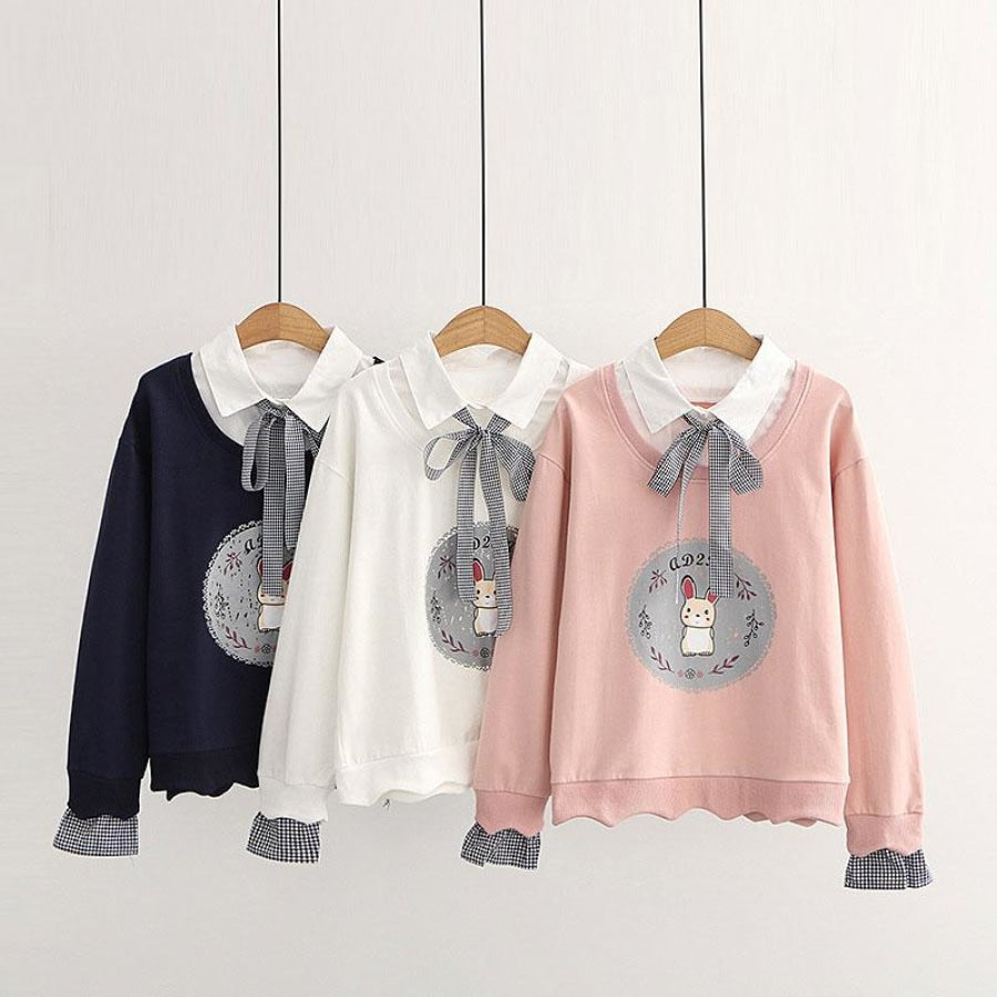 Bunny Print Bow Tie Shirt Two-Piece Sweatshirt J10029