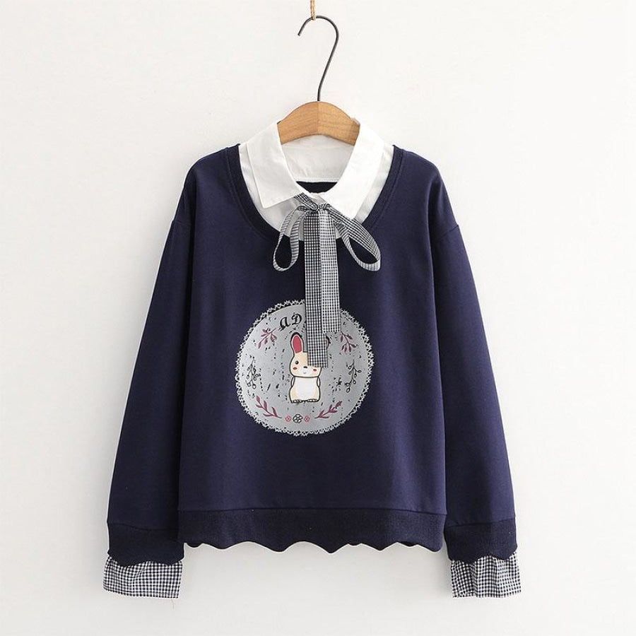 Bunny Print Bow Tie Shirt Two-Piece Sweatshirt J10029 Blue