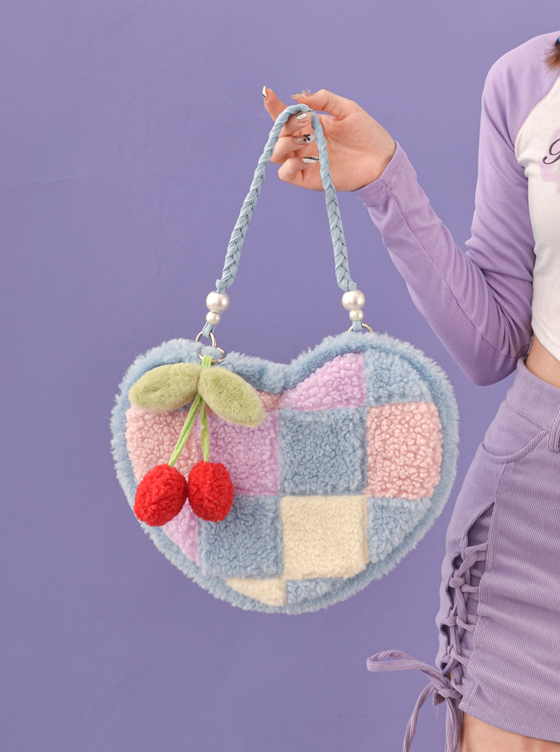 Heart-shaped Cherry Plush Shoulder Bag