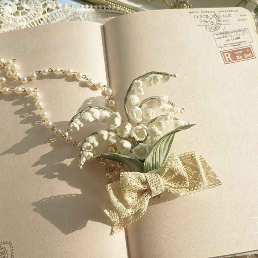 Lily of The Valley Handmade Brooch and Pearl Chain