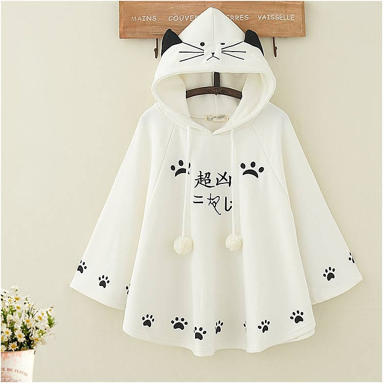 Cat Footprint Embroidery Plush Warm Hooded Cape Coat