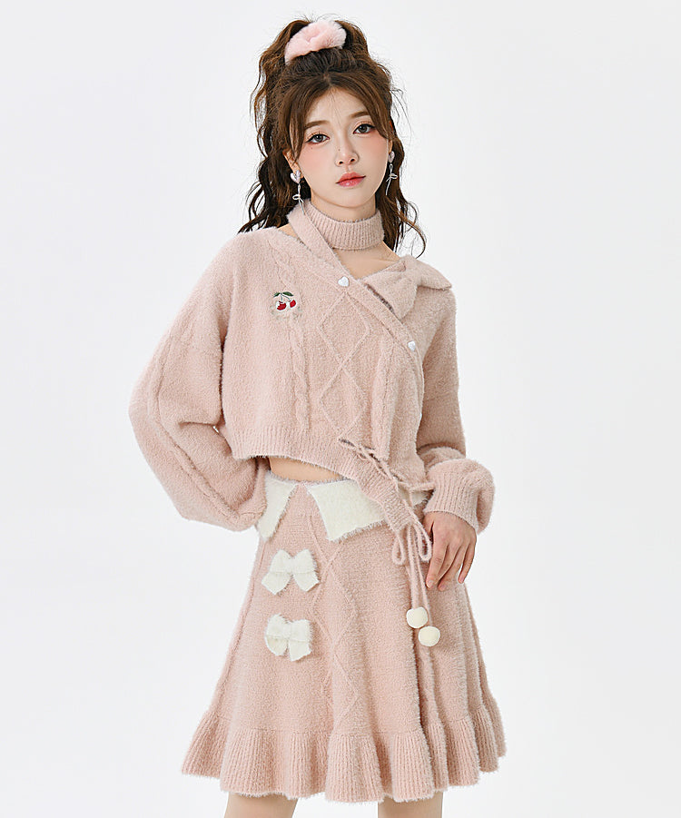 Autumn and Winter Sweet Girl Pink Knitting Two-piece Set