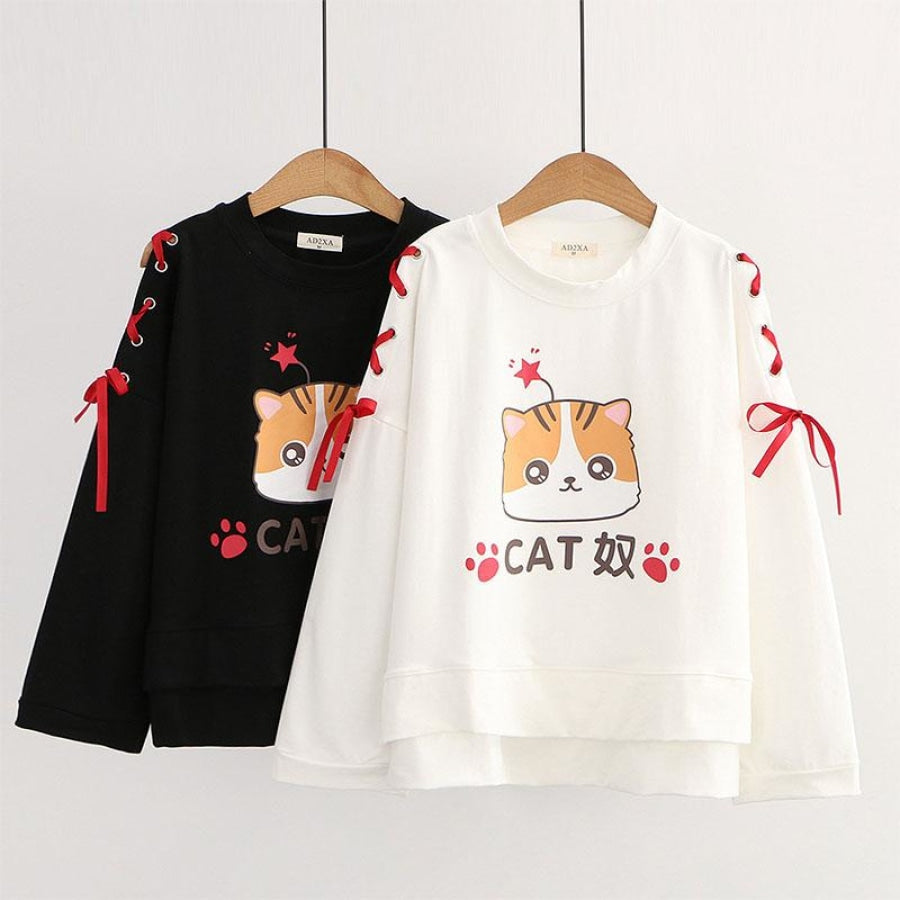 Cartoon Cat Star Print Lace Up Bow Sleeves Sweatshirt J10011