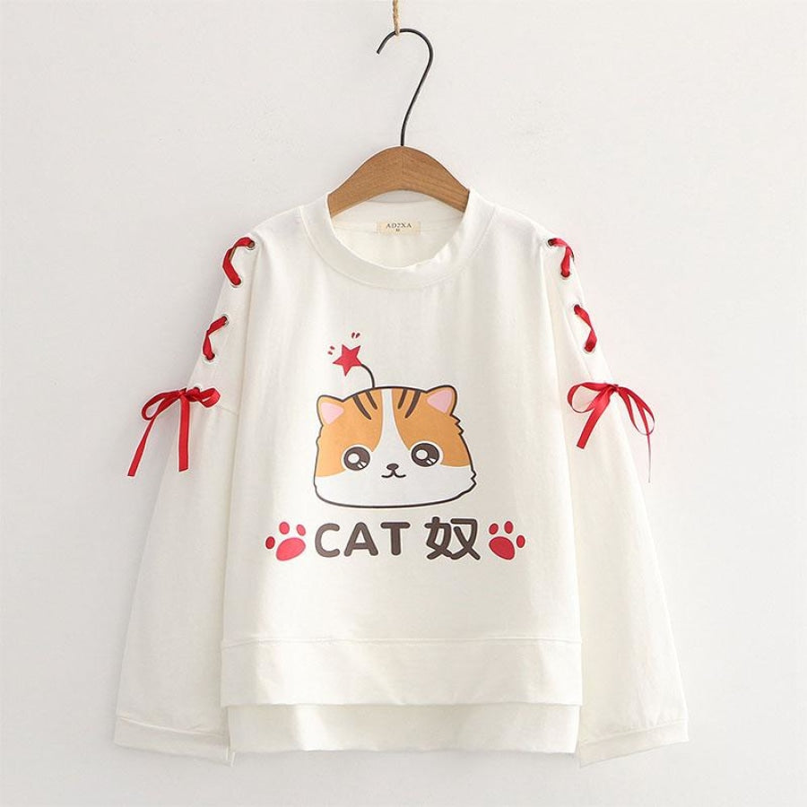 Cartoon Cat Star Print Lace Up Bow Sleeves Sweatshirt J10011 White / M