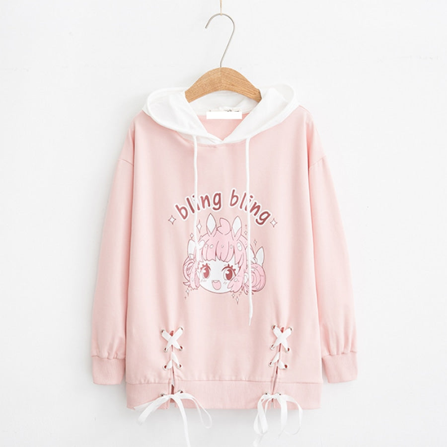 Cartoon Letter Print Rabbit Ears Drawstring Hoodie J10012 Pink / M Sweatshirt