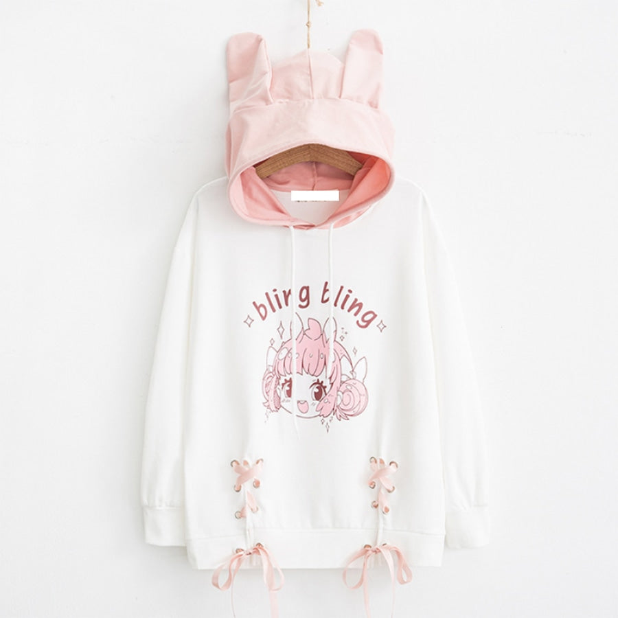 Cartoon Letter Print Rabbit Ears Drawstring Hoodie J10012 Sweatshirt