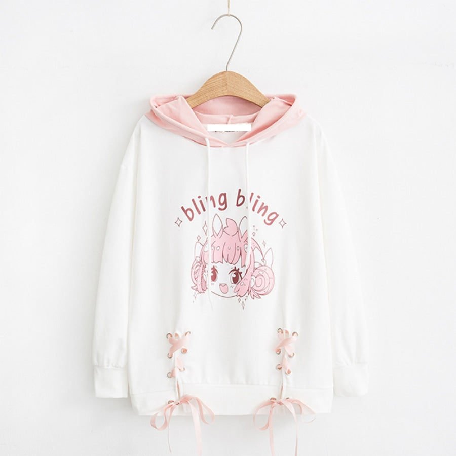 Cartoon Letter Print Rabbit Ears Drawstring Hoodie J10012 White / M Sweatshirt