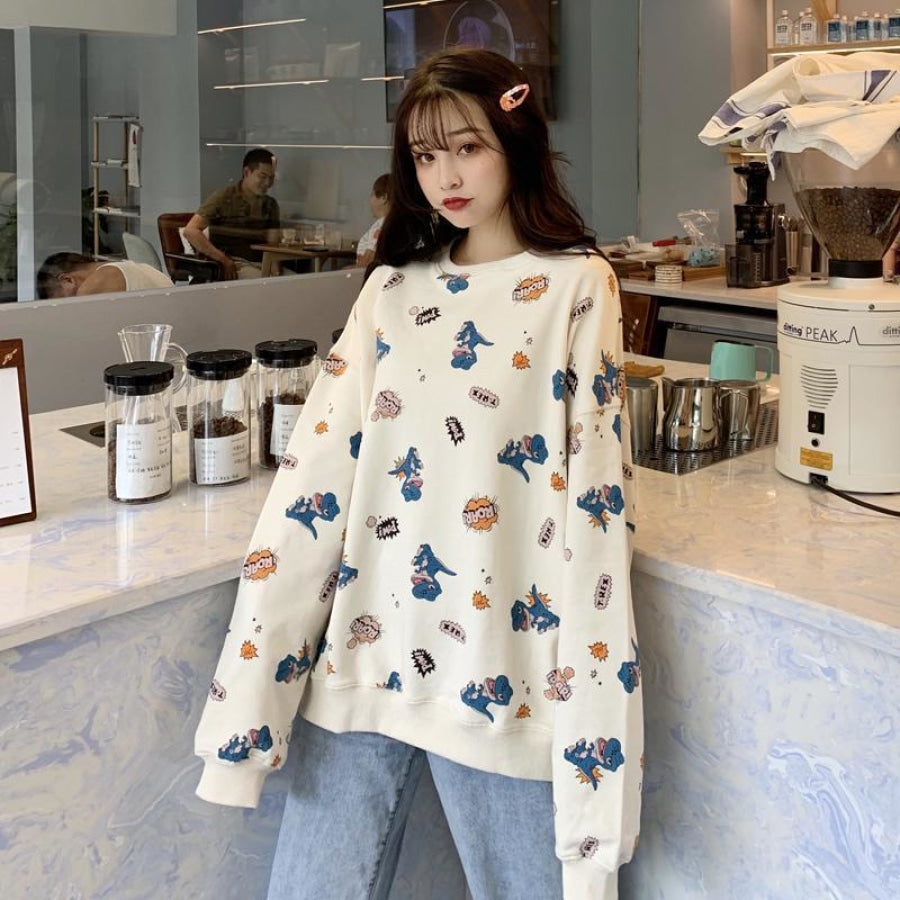 Casual Dinosaur Print Sweatshirt Mp006264 Apricot / M