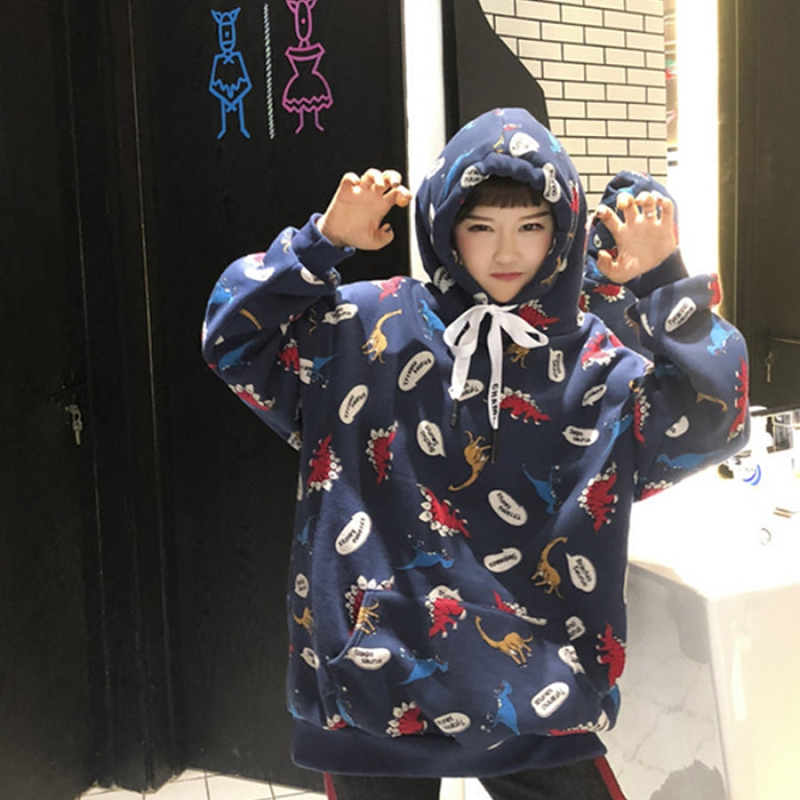 Casual Dinosaurs Print Oversized Hoodie J10017 Blue Sweatshirt