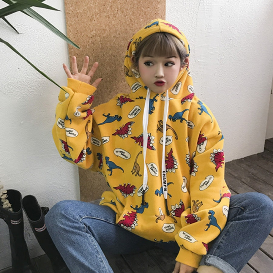 Casual Dinosaurs Print Oversized Hoodie J10017 Yellow Sweatshirt