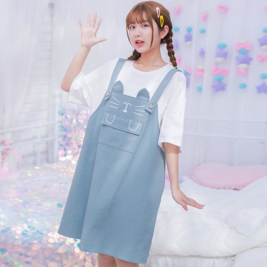 Cat Embroidery Pocket Fake Two-Piece Overalls Dress J10018