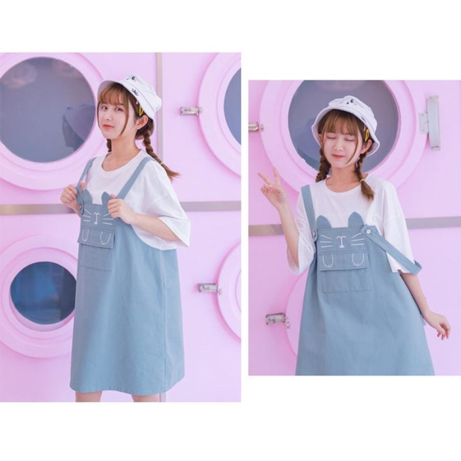 Cat Embroidery Pocket Fake Two-Piece Overalls Dress J10018