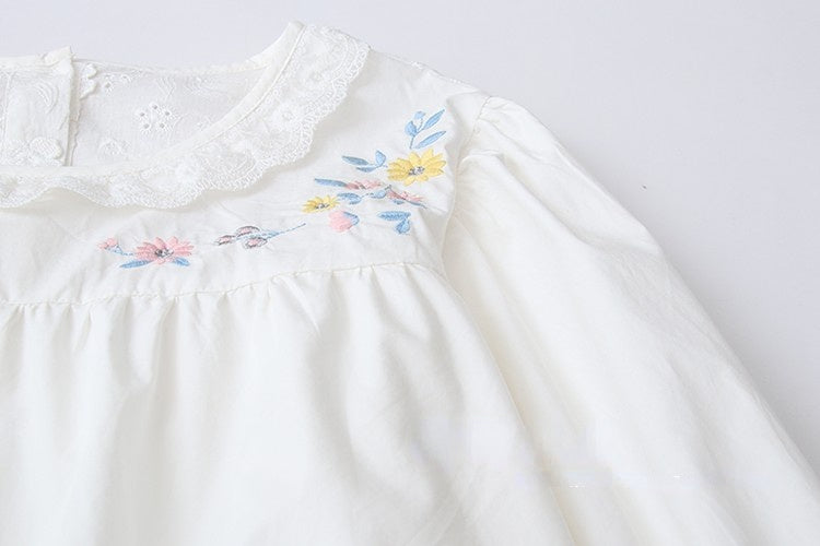 Sweet Lace Collar Floral Embroidery Long Sleeve Shirt