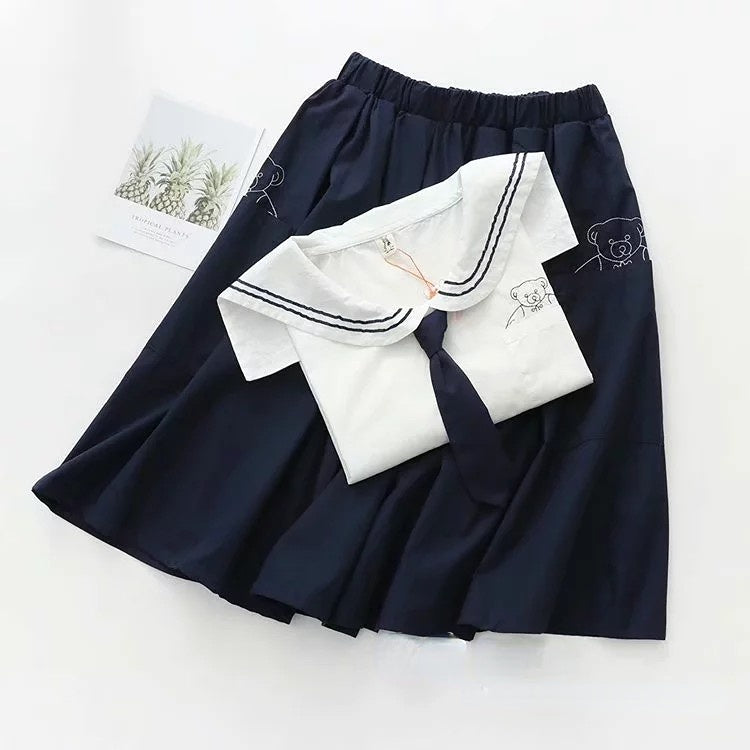 Academy Navy Tie Short Sleeve Shirt Bears Skirt Two-piece Set