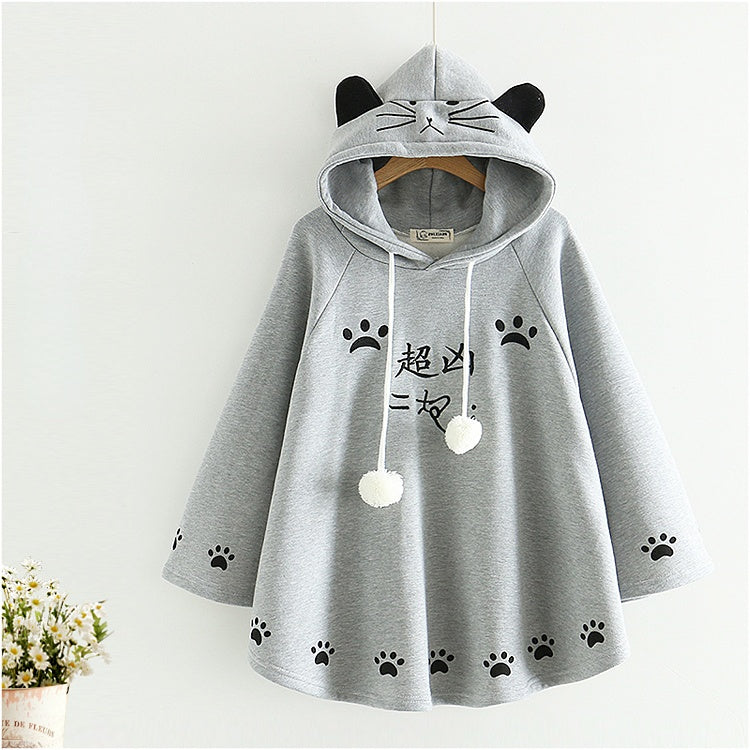 Cat Footprint Embroidery Plush Warm Hooded Cape Coat