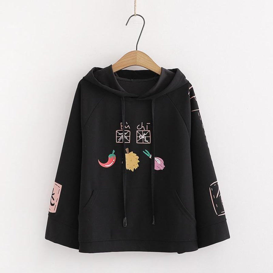 Characters And Cute Fruits Print Pocket Student Loose Hoodies J40003 Black / One Size Hoodie