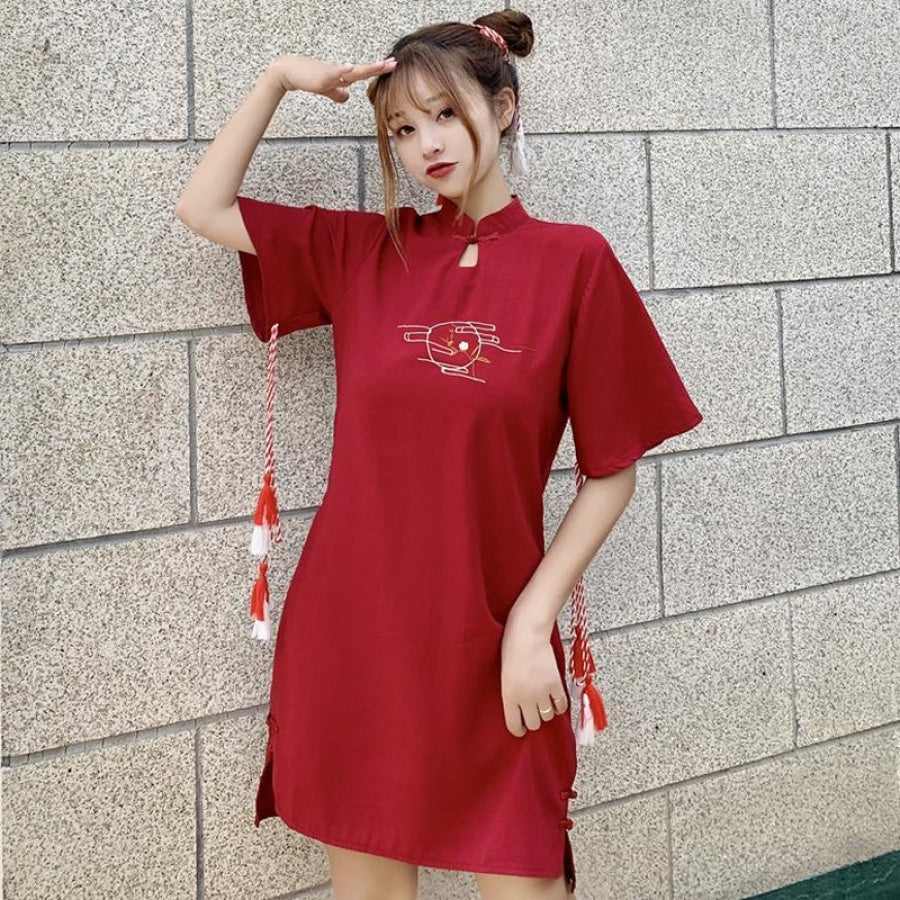 Cheongsam Statement Tassel Frog Embroidery Mandarin Collar Dress J40073