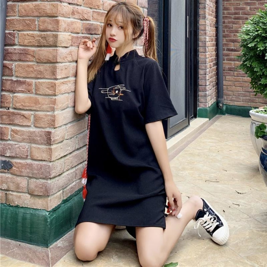 Cheongsam Statement Tassel Frog Embroidery Mandarin Collar Dress J40073