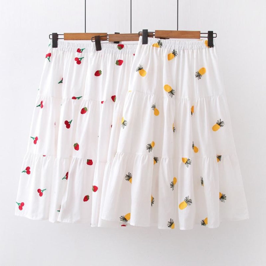 Cherry Strawberry Pineapple Embroidery A-Line Pleated Skirt