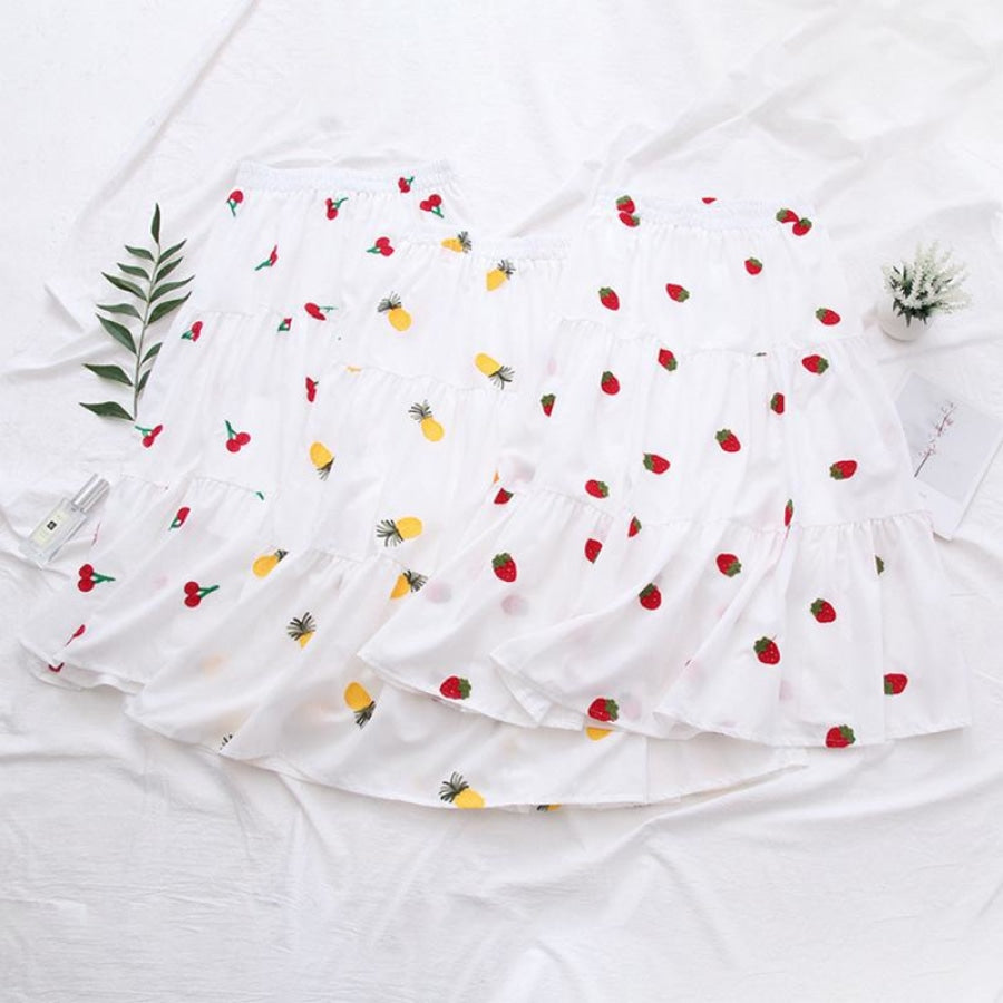 Cherry Strawberry Pineapple Embroidery A-Line Pleated Skirt