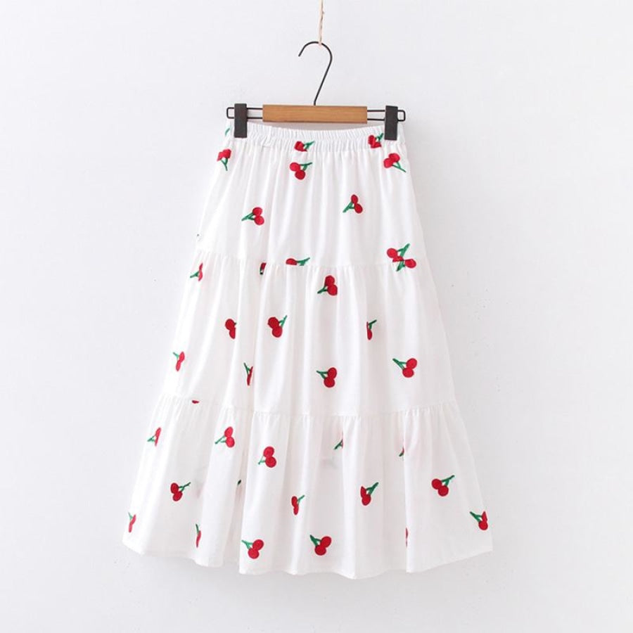 Cherry Strawberry Pineapple Embroidery A-Line Pleated Skirt / One Size