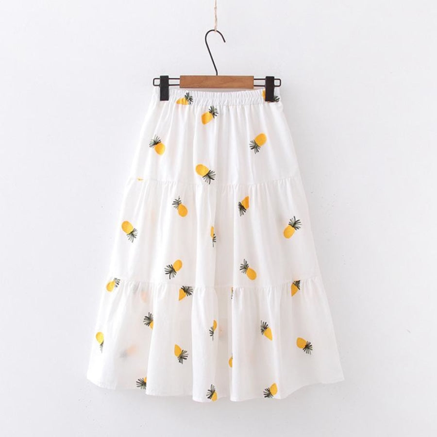 Cherry Strawberry Pineapple Embroidery A-Line Pleated Skirt / One Size