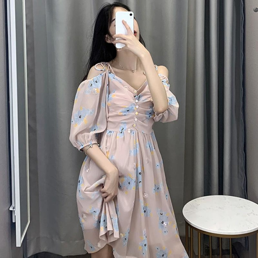 Countryside Floral Print Glitter Trimming Chiffon Off Shoulder Dress J40088