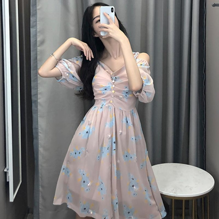 Countryside Floral Print Glitter Trimming Chiffon Off Shoulder Dress J40088