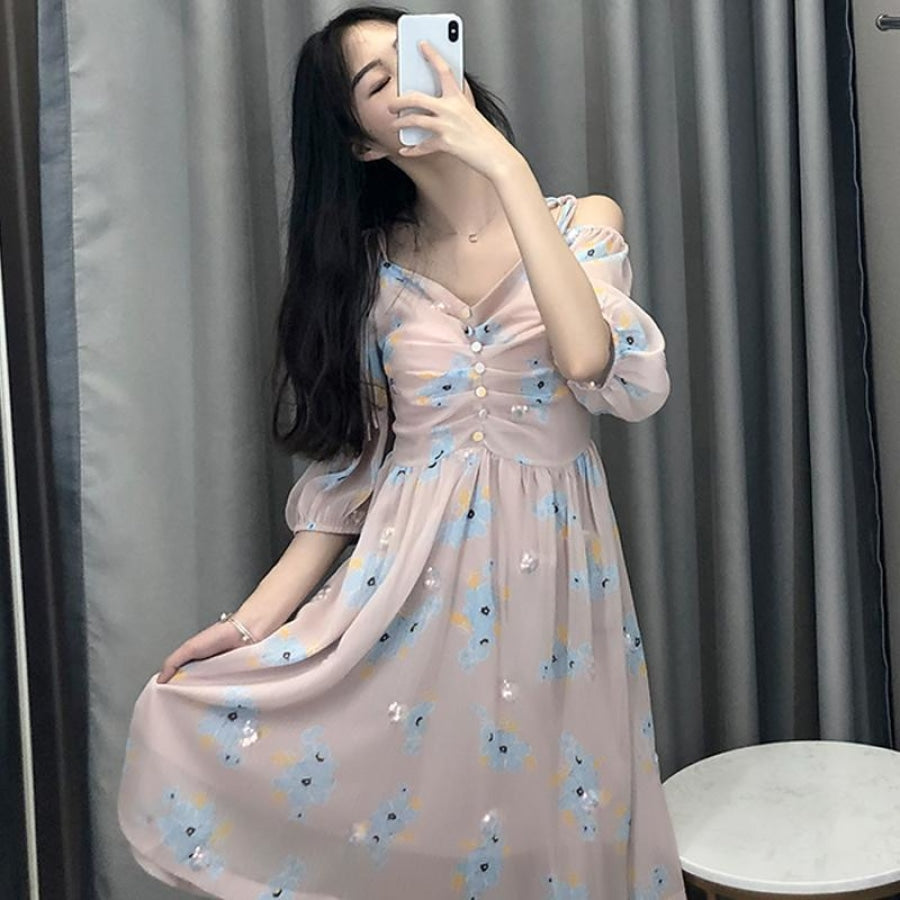 Countryside Floral Print Glitter Trimming Chiffon Off Shoulder Dress J40088