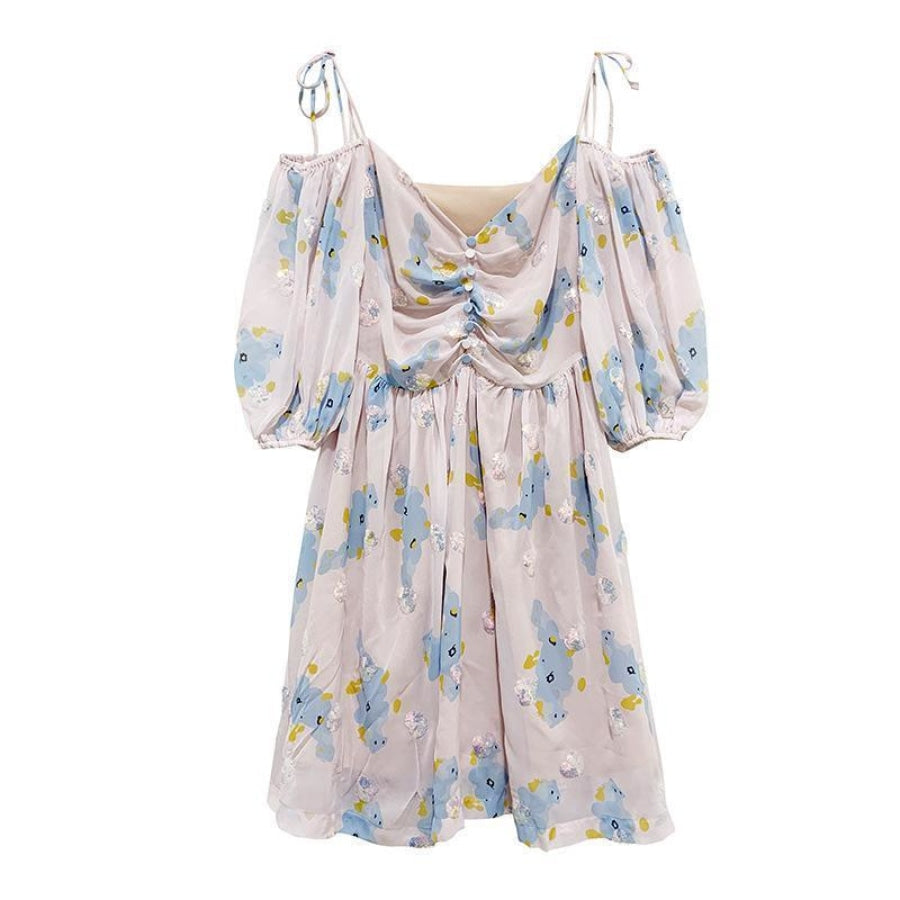 Countryside Floral Print Glitter Trimming Chiffon Off Shoulder Dress J40088 Blue Flower / Xs